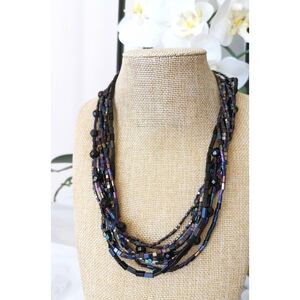 Vintage iridescent blue black bugle bead  necklace